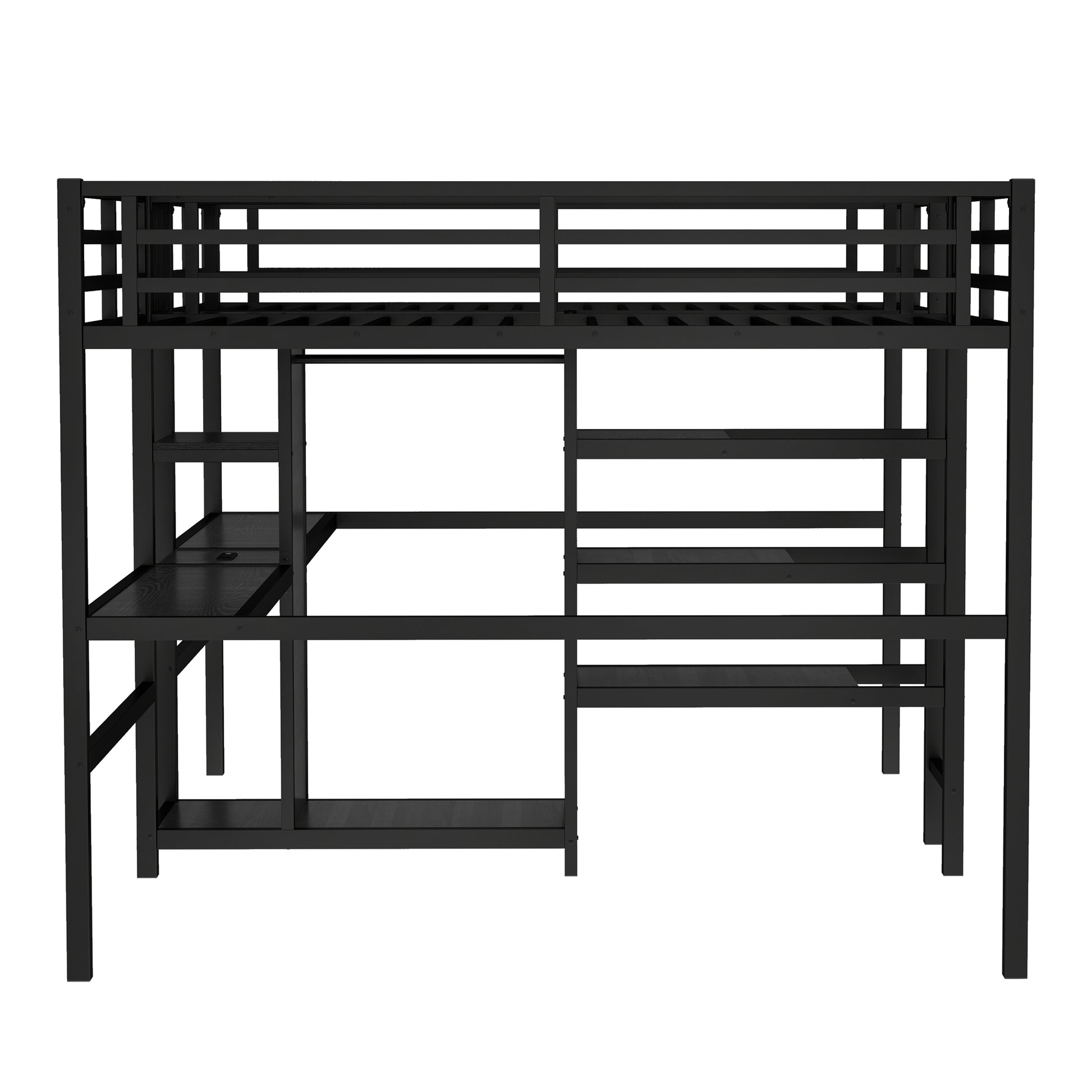 Twin Over Twin Metal Loft Bed with Double Desk and Wardrobe and Shelves with Electrical Outlet for Space Saving and Noise Reduction,Black image 12