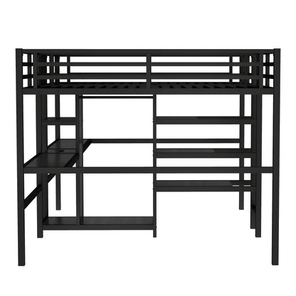 Twin Over Twin Metal Loft Bed with Double Desk and Wardrobe and Shelves with Electrical Outlet for Space Saving and Noise Reduction,Black image 12