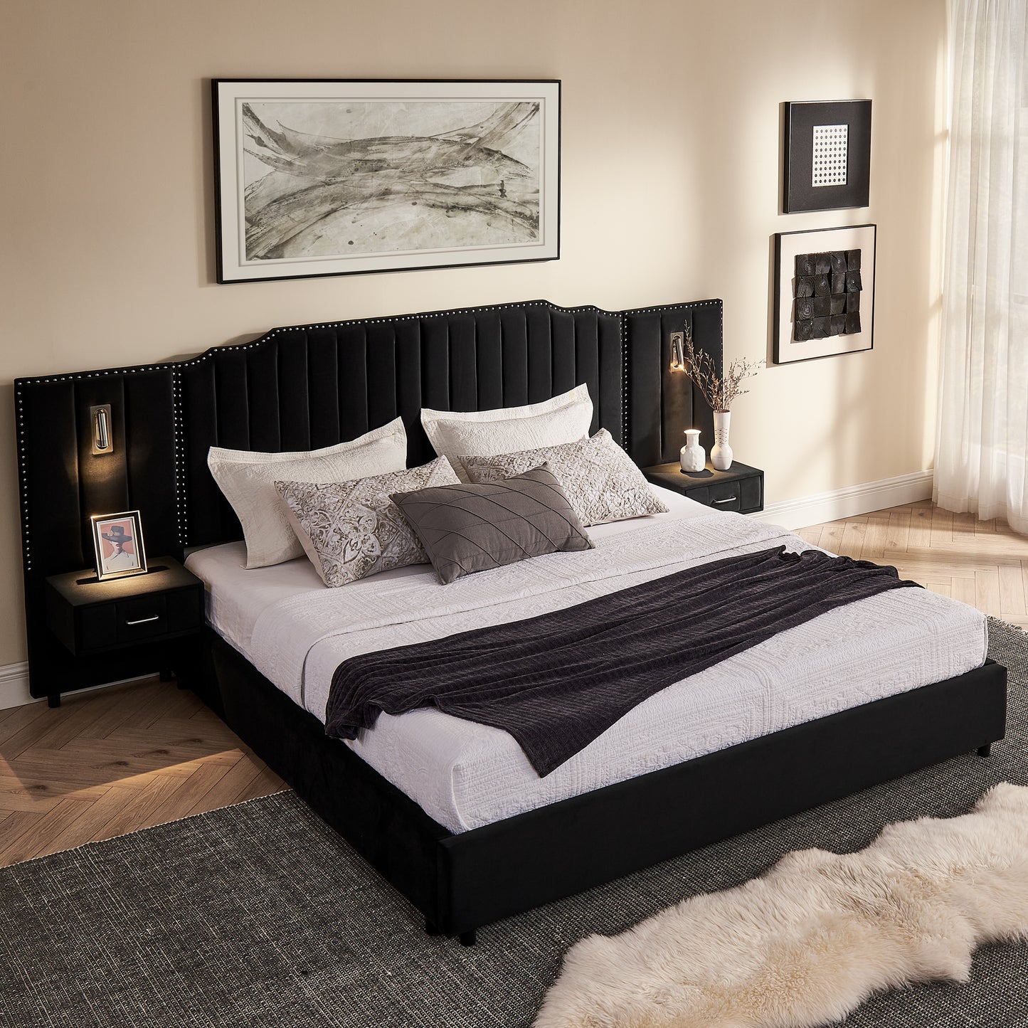 King Size Upholstered Bed Frame with Velvet Fabric, Vertical Stripe Design with Buttons Around King Size Platform Bed with Headboard, Solid Frame & Bedside Table - No Box Spring Needed-Black image 3