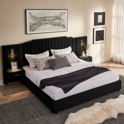 King Size Upholstered Bed Frame with Velvet Fabric, Vertical Stripe Design with Buttons Around King Size Platform Bed with Headboard, Solid Frame & Bedside Table - No Box Spring Needed-Black image 3