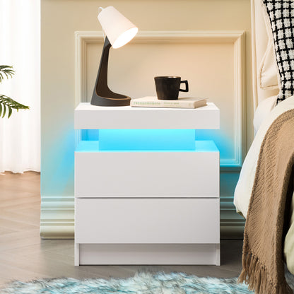 Nightstand LED Bedside Table Cabinet Lights Modern End Side with 2 Drawers for Bedroom (White) image 1