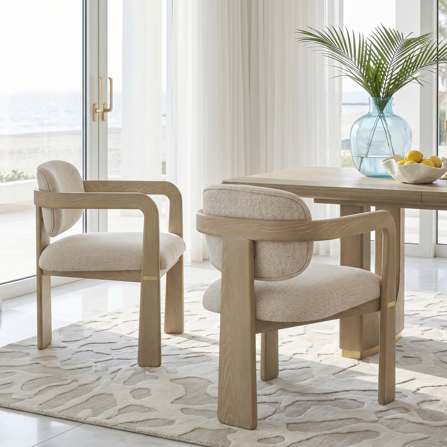 Modern Oak Finish Arm Chairs Set of 2 Beige Fabric Upholstery Curved Backrest Solid Rubberwood Dining Room Furniture image 1