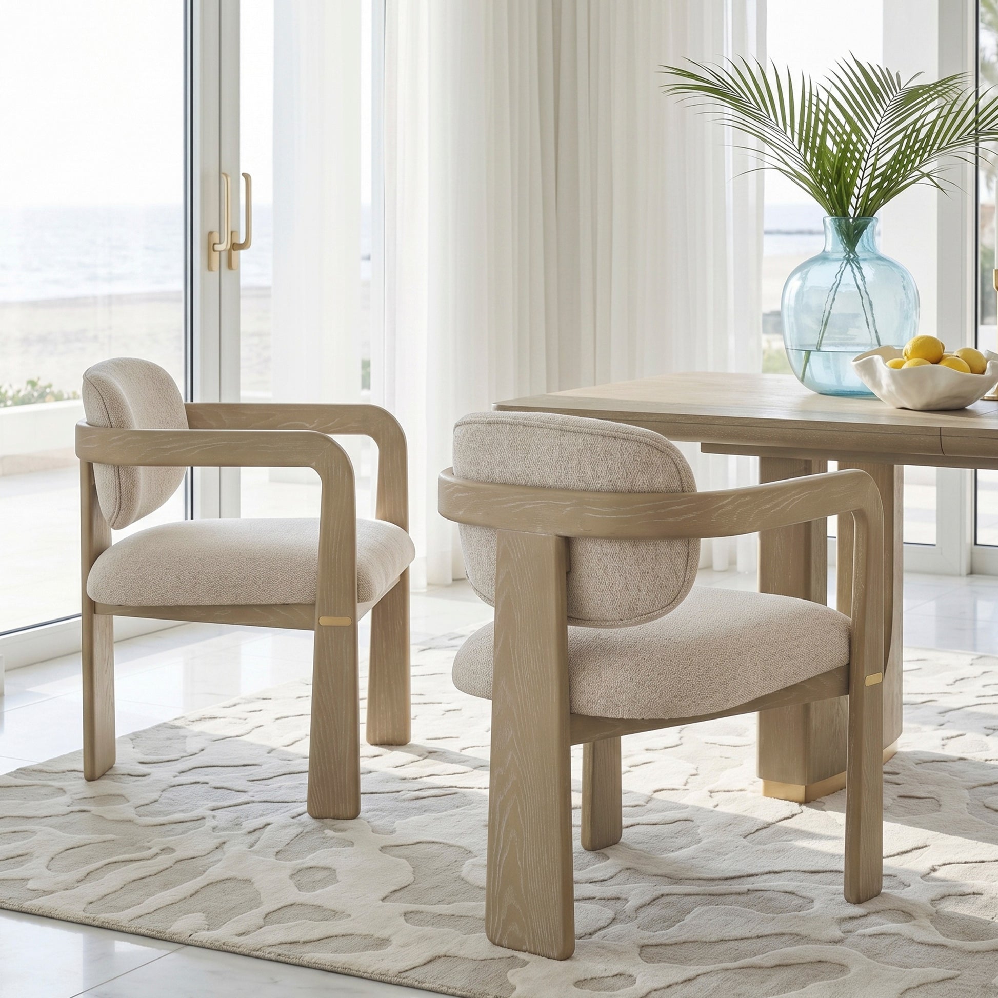 Modern Oak Finish Arm Chairs Set of 2 Beige Fabric Upholstery Curved Backrest Solid Rubberwood Dining Room Furniture image 1