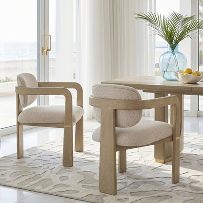 Modern Oak Finish Arm Chairs Set of 2 Beige Fabric Upholstery Curved Backrest Solid Rubberwood Dining Room Furniture image 1