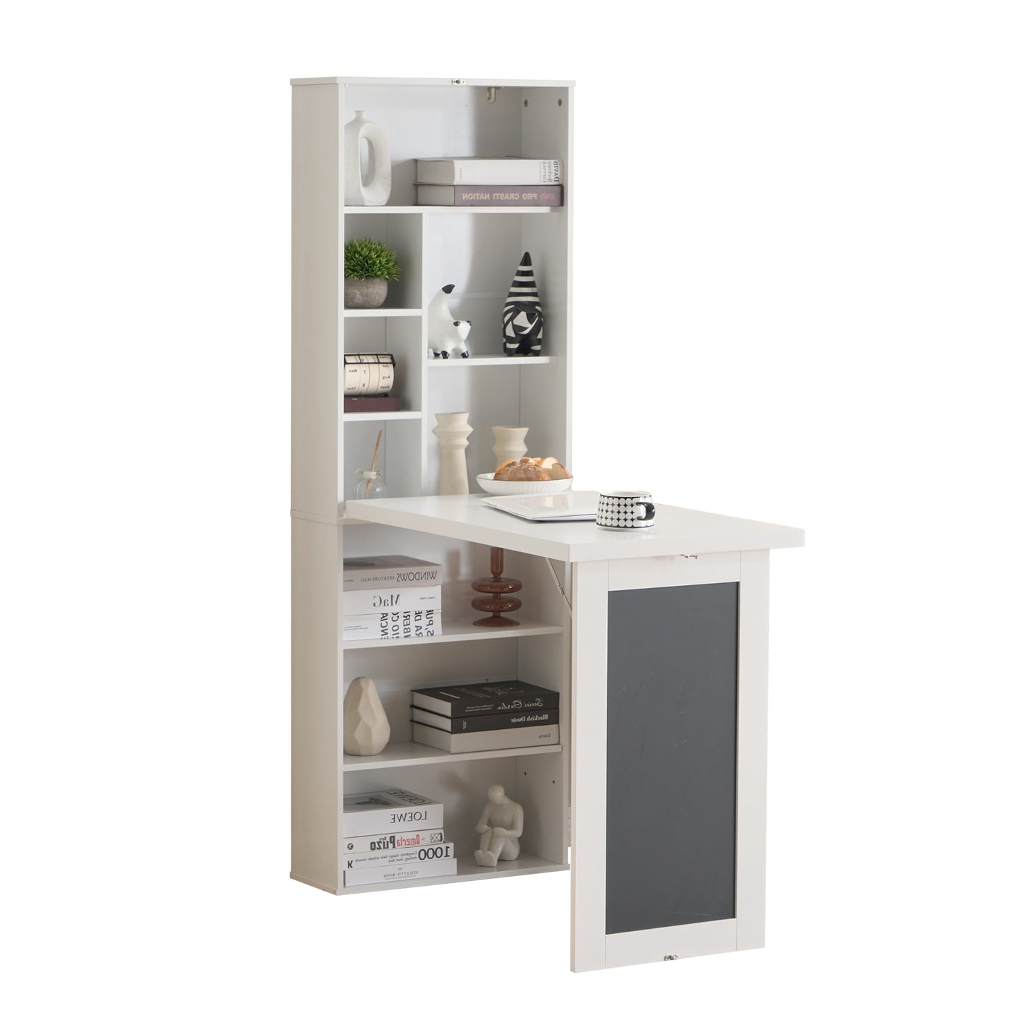 Fold-out Convertible Writing Desk, Wall Mount Table Cabinet with Blackboard and Storage Shelves, Space-Saving Murphy Desk for Home Office Living Room Bedroom (White) image 1