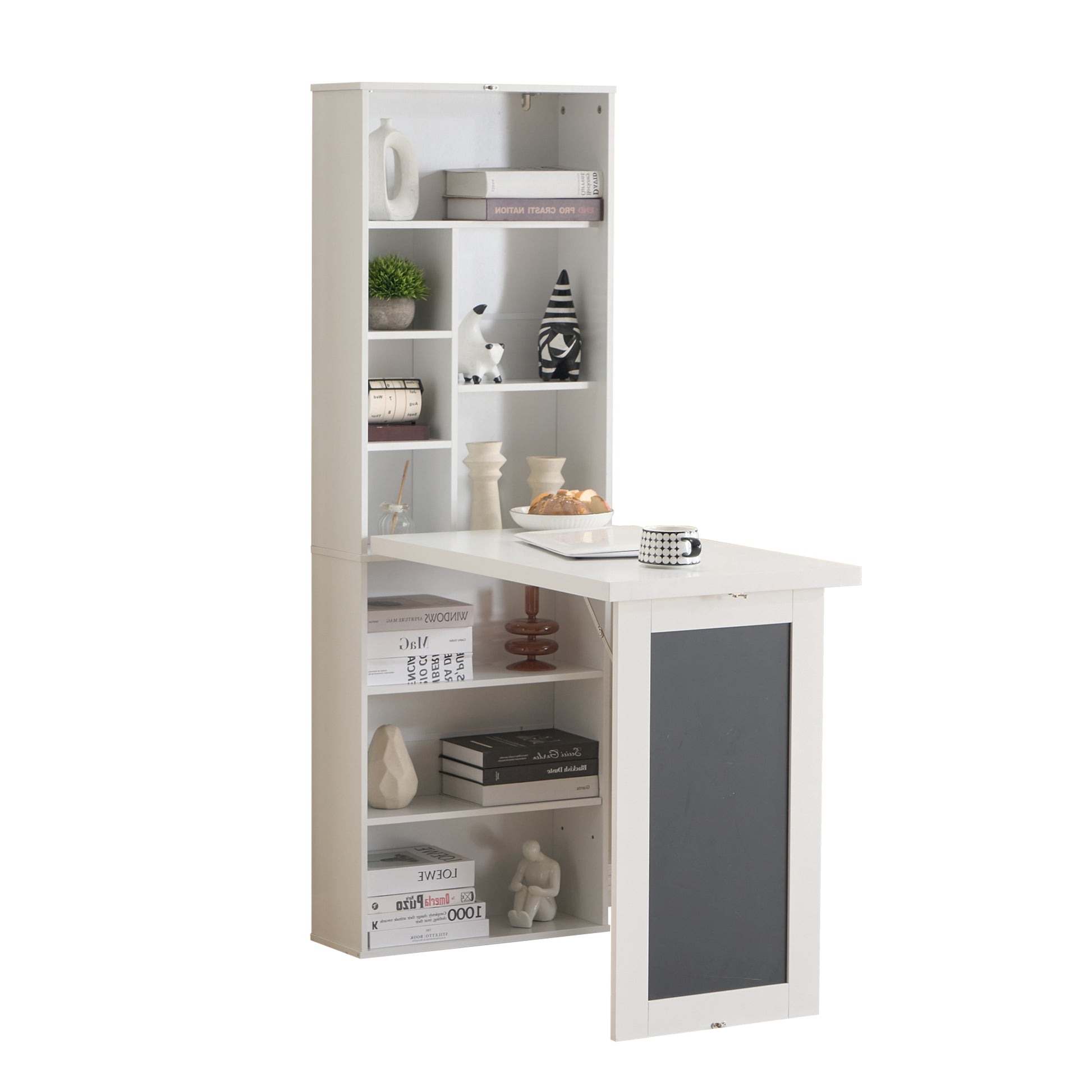 Fold-out Convertible Writing Desk, Wall Mount Table Cabinet with Blackboard and Storage Shelves, Space-Saving Murphy Desk for Home Office Living Room Bedroom (White) image 1