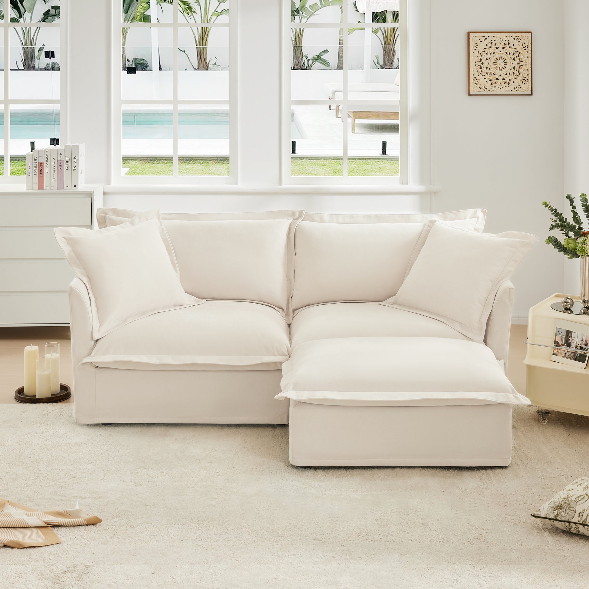 Slipcovered Sectional 2 Seater Sofa Couch with Convertible Ottoman, Wide and Deep Seat L Shaped Sofa with Detachable Cover and Soft Multiple Big Pillows, Chenille Fabric, Cream image 1