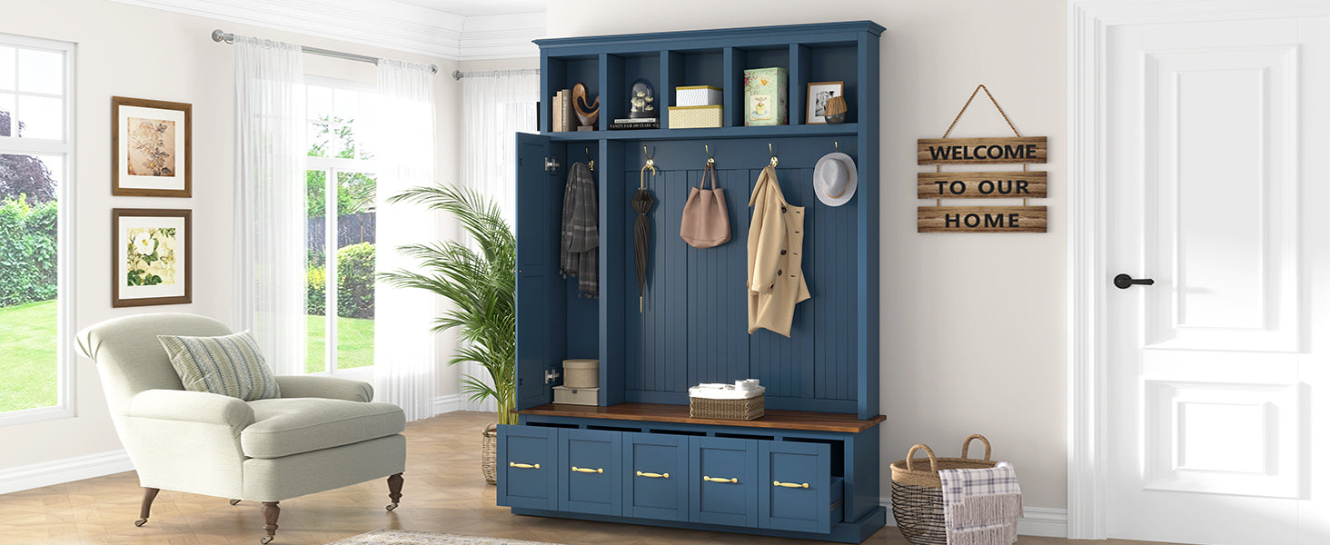 U-Can Entryway Hall Tree with Coat Hooks, Shoe Bench & Drawer Storage Cabinet image 5