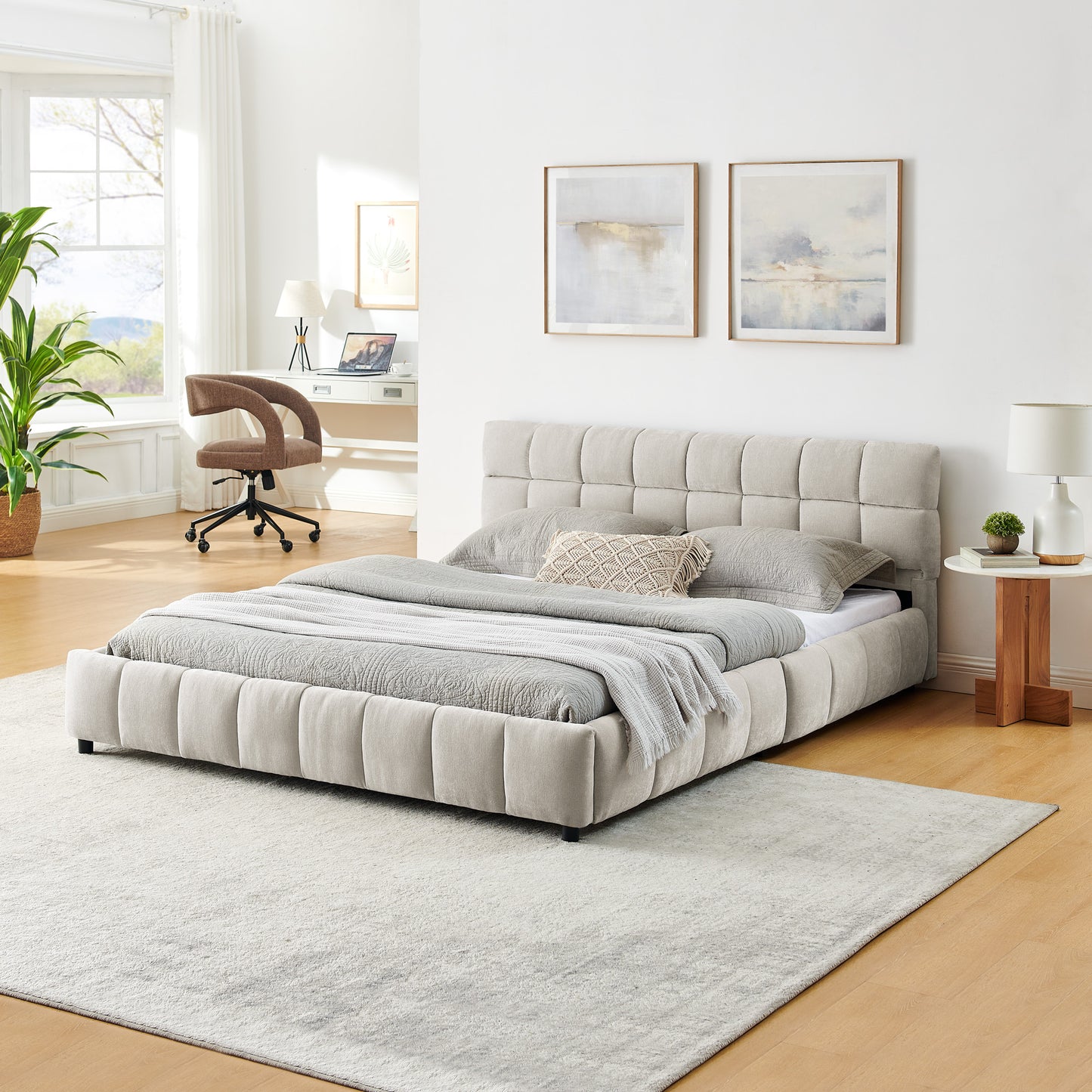 Queen Size Upholstered Bed,comfortable upholstered bed frame, Chenille fabric, with headboard and solid bed frame. With drawer for storage.-Beige(88.5''*68.5''*31'') image 2