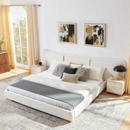 King Size Extra Large Platform Bed, Soft Chenille Fabric Frame, Curved Headboard, Reinforced Electroplated Metal Legs, Flexible DIY Side Space Design-Beige image 4