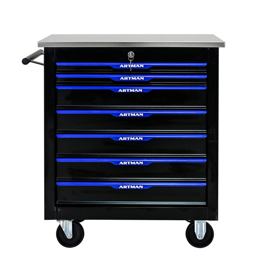 7 Drawer Tool Cart Black Blue Front View