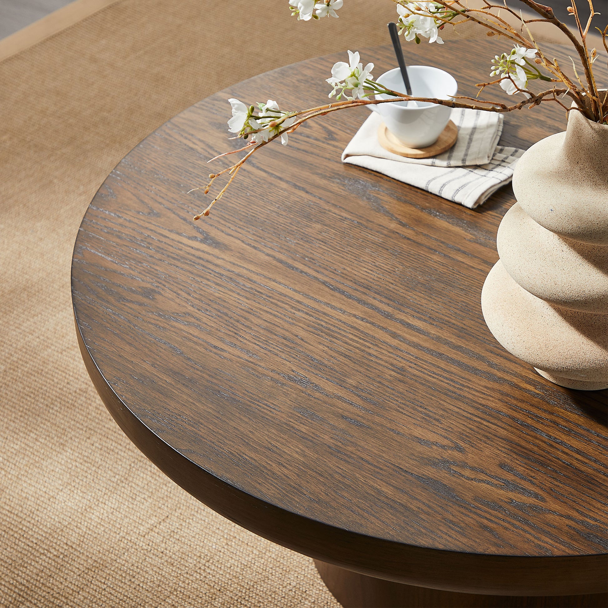 35.98inch Round Coffee Table with Cylindrical Leg,Wood Veneer Tabletop Table,Rounded Sofa Side Table for living Room Office,Brown image 8