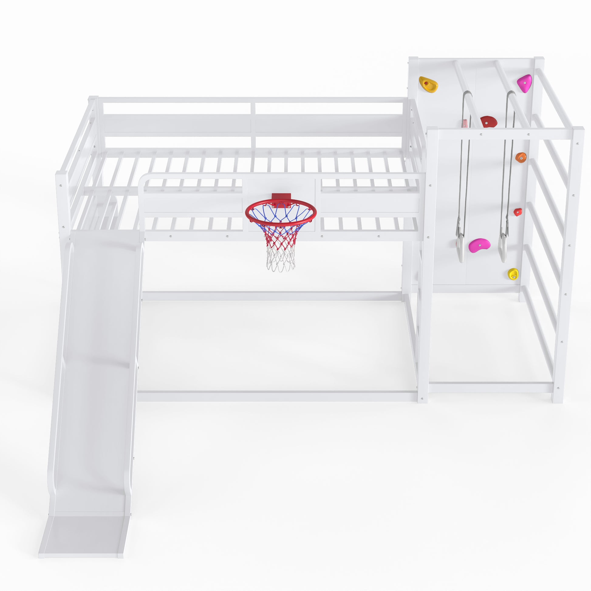 Full size metal loft bed with basketball hoop, pull-up rings, climbing wall, and built-in bookshelves. Playful children's design featuring a slide,White image 8