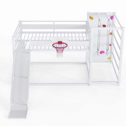 Full size metal loft bed with basketball hoop, pull-up rings, climbing wall, and built-in bookshelves. Playful children's design featuring a slide,White image 8
