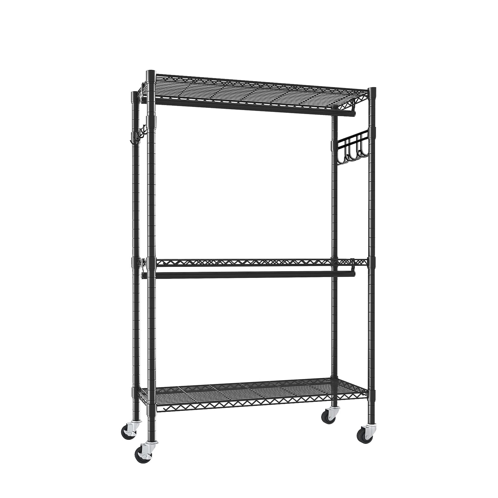 Rolling Clothes Rack, Heavy Duty Clothes Rack with Wheels, 3 Tiers Adjustable Wire Shelving Clothes Rack with 2 Clothes Rails and Side Hooks, Portable Closet Organizer, 35.43''×17.13D''×70.87''H,Black image 10