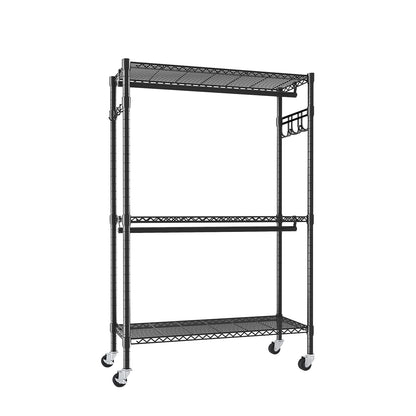 Rolling Clothes Rack, Heavy Duty Clothes Rack with Wheels, 3 Tiers Adjustable Wire Shelving Clothes Rack with 2 Clothes Rails and Side Hooks, Portable Closet Organizer, 35.43''×17.13D''×70.87''H,Black image 10