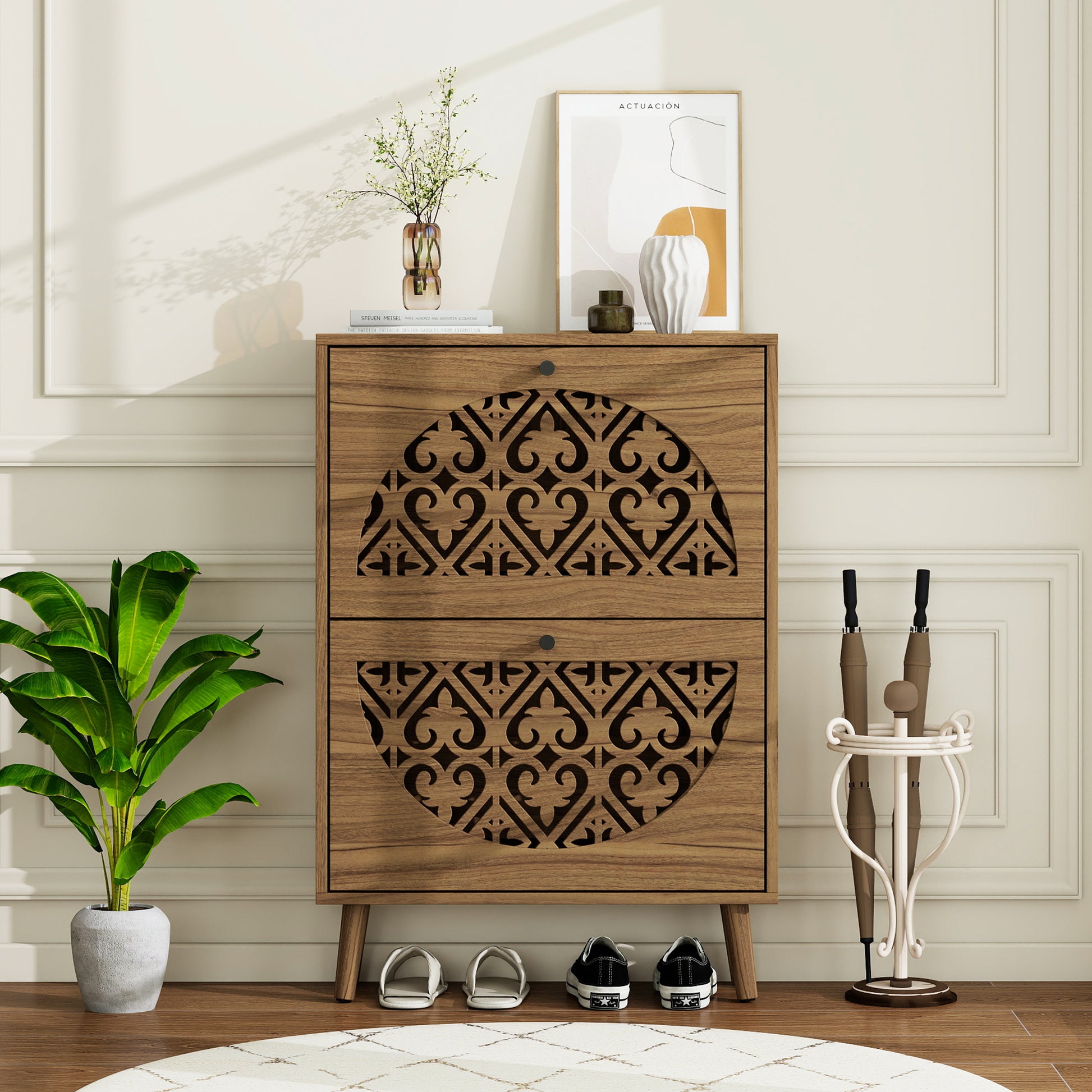 Japandi Narrow Shoe Cabinet with 2 Flip Drawers, Carved Floral Pattern Wooden Shoe Storage Organizer, Freestanding Hidden Shoe Rack for Entryway, Hallway, Living Room, 6.7"x23.63"x34.26",Walnut Brown image 1
