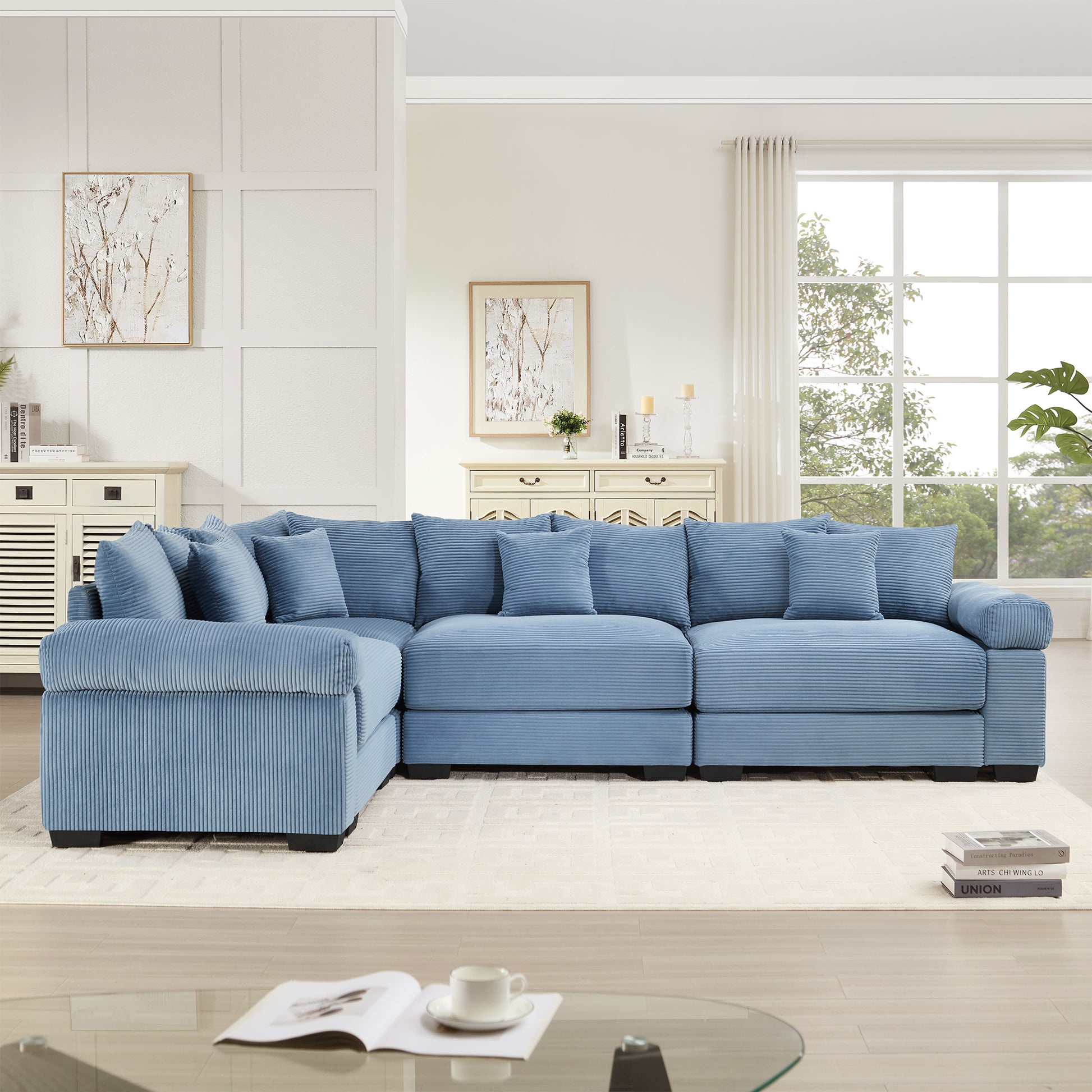 Oversized Cloud Modular Sectional Couch,Convertible Sectional Couches Deep Seat Extra-Wide Armrests, 13Throw Pillows Premium Corduroy Fabric, Ergonomic Design,Easy Assembly, For Living Rooms,Blue image 2
