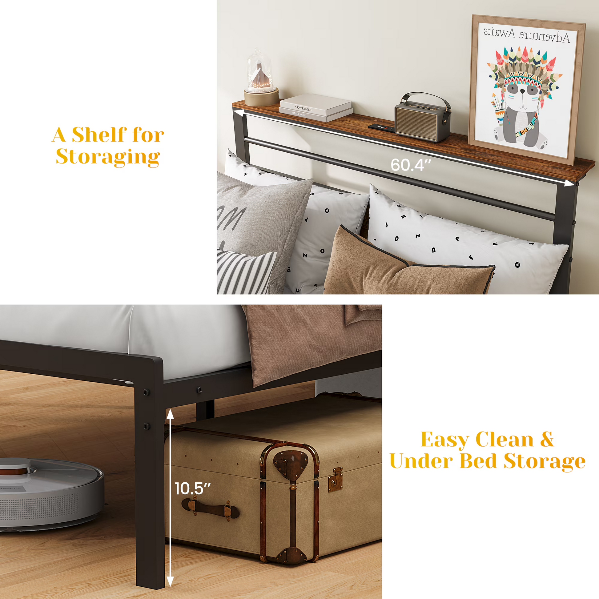 Queen Size Bed Frame with Charging Station, Platform Bed with Metal Slats, Upholstered Headboard with Storage Shelves, No Box Spring Needed, Black image 6