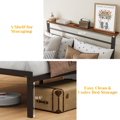 Queen Size Bed Frame with Charging Station, Platform Bed with Metal Slats, Upholstered Headboard with Storage Shelves, No Box Spring Needed, Black image 6