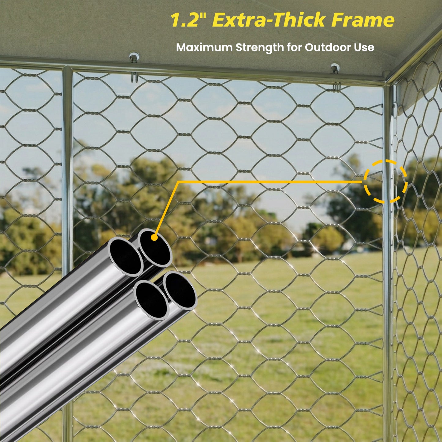15x10 FT Large Outdoor Dog Kennel with Canopy, Heavy Duty Galvanized Steel Frame, Waterproof Cover, Built-in Elevated Feeding Bowls, Escape-Proof Lockable Pet Playpen for Large Dogs & Multiple Animal image 9