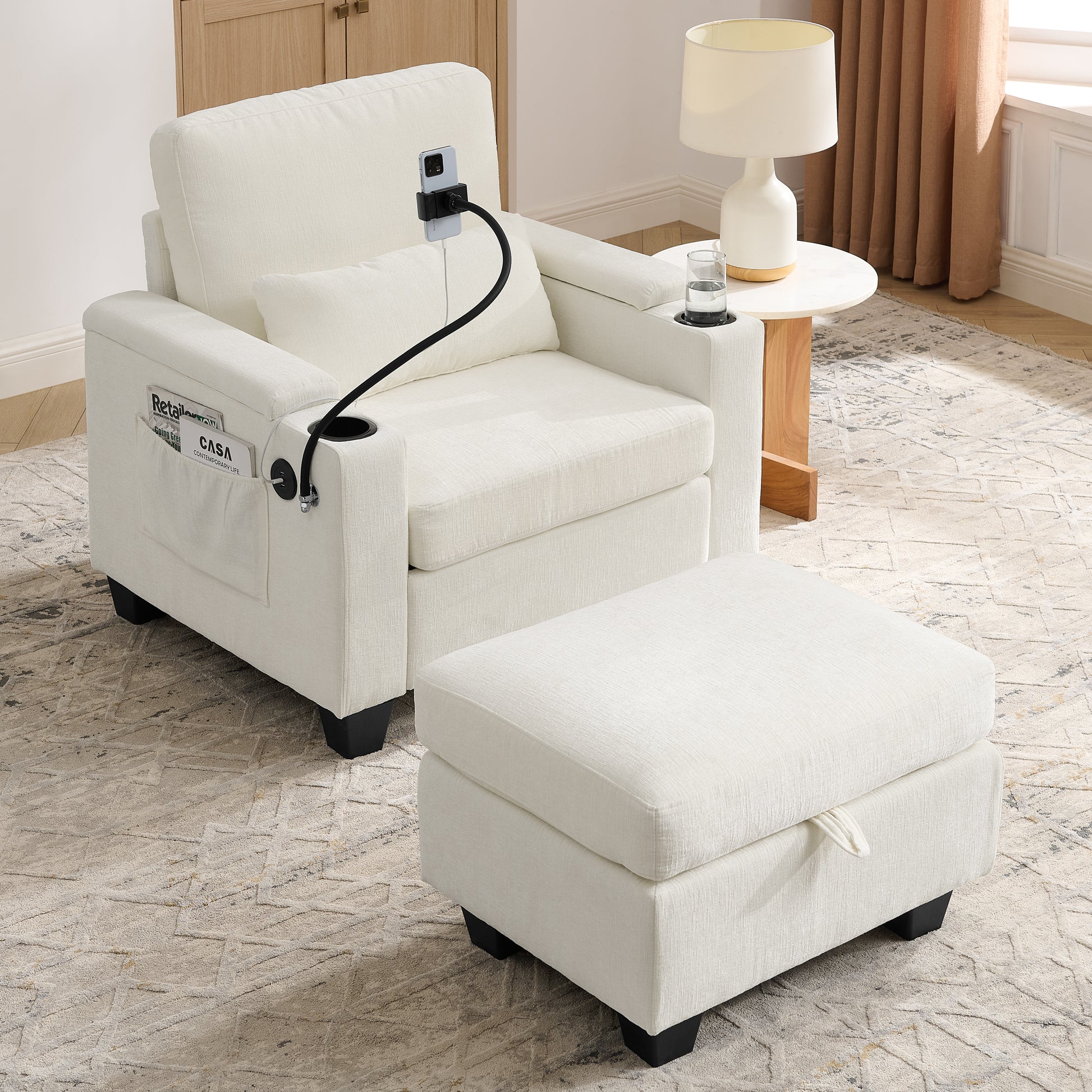 Single sofa recliner with manually adjustable backrest, USB charging port on the armrest side, phone stand included, hidden armrest storage, and a matching storage ottoman-Beige image 2