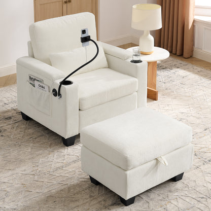 Single sofa recliner with manually adjustable backrest, USB charging port on the armrest side, phone stand included, hidden armrest storage, and a matching storage ottoman-Beige image 2