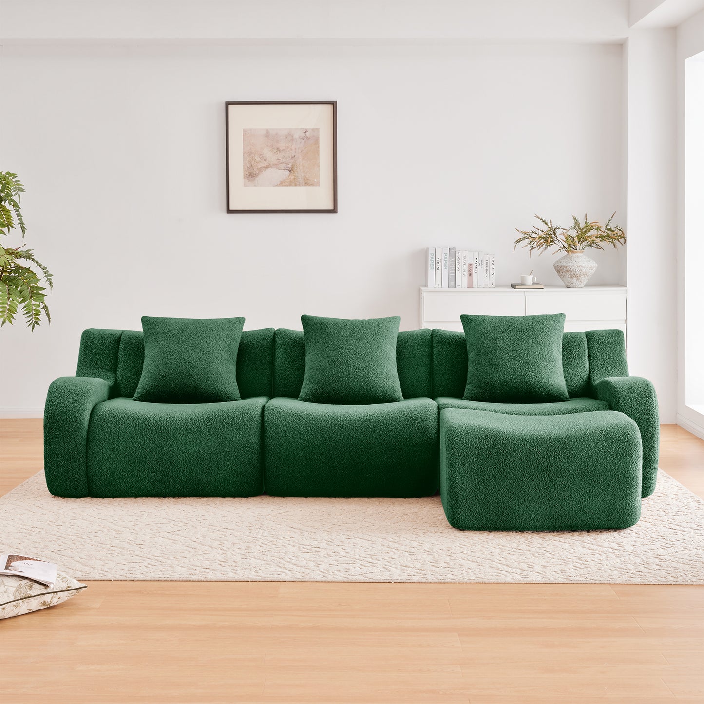 Boneless Sofa,3 Seat High-Quality Teddy Fabric,Anti-Slip Design,No Assembly Curved Armrests Streamlined Design,Assembly Chaise 32D High Density Sponge For Living Rooms Bedrooms,Green image 3