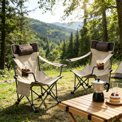 2PCS Outdoor Camping Chairs Folding/Portable/Adjustable reclining chair(Three-level adjustment), Side Pockets & Cup Holder,Carry Bag,Beige image 5