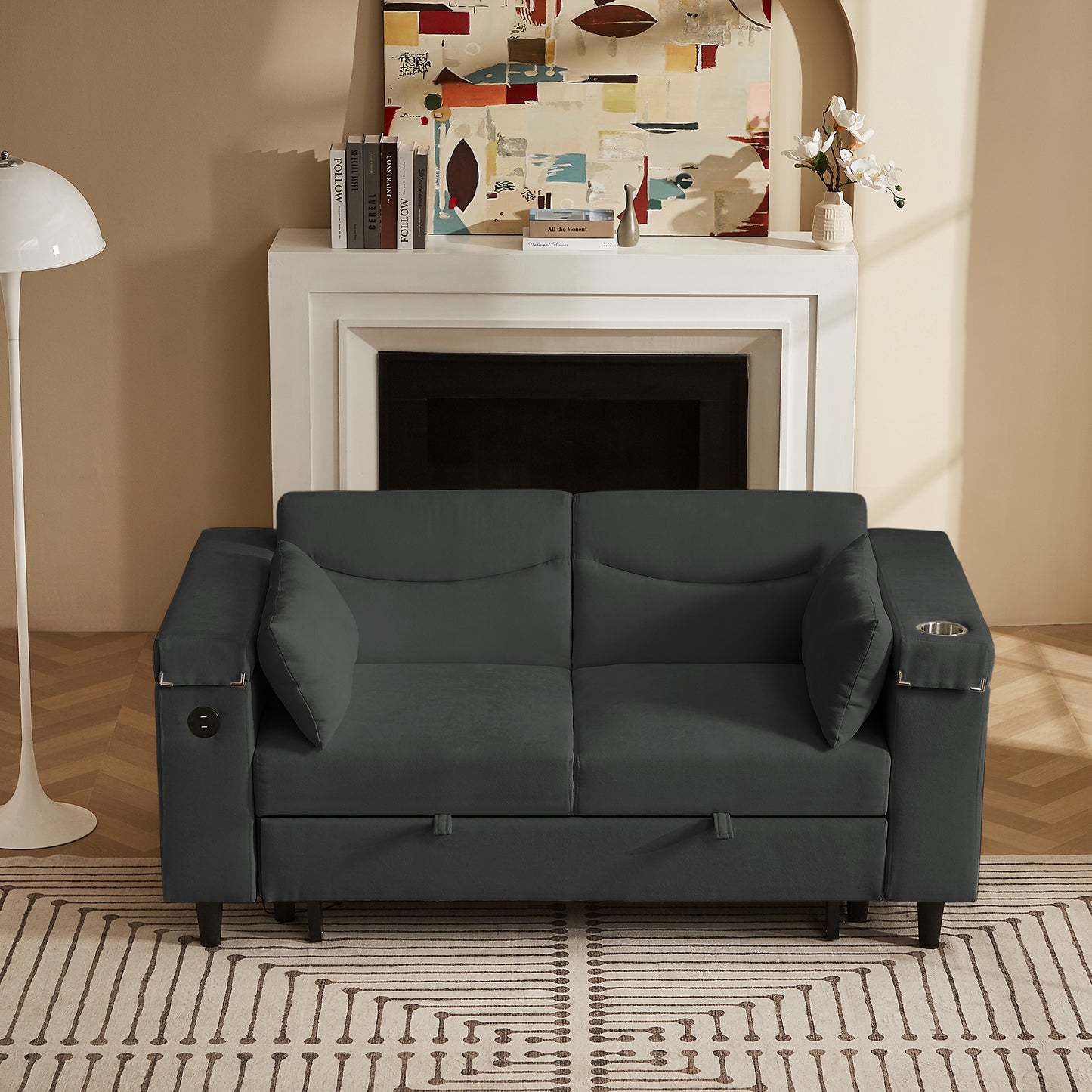 Dark Grey Chenille Sofa with Side Table and USB Port image 5