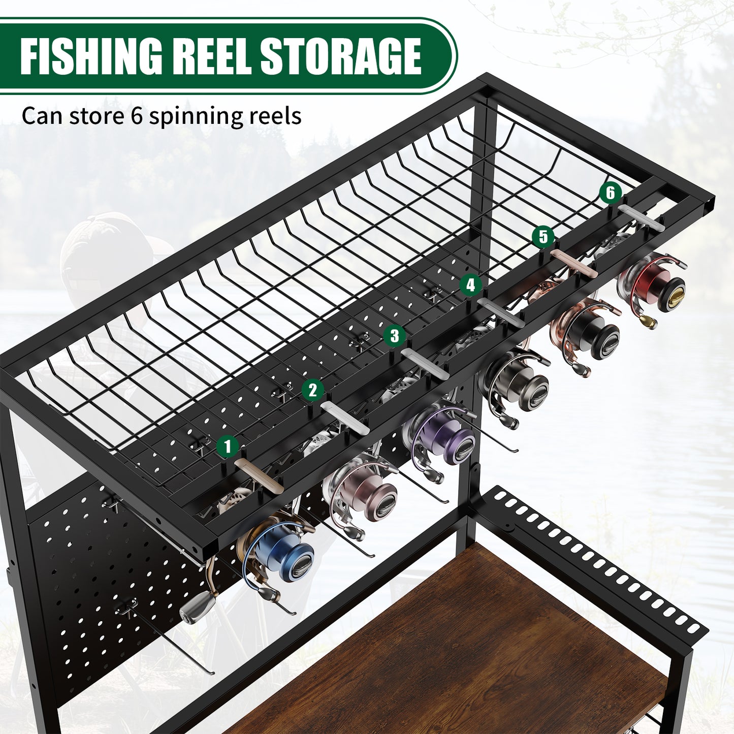 Fishing Rod Storage Rack with Pegboard, Rolling Tackle Organizer Cart, Multi-Tier Fishing Gear Stand for Rods, Reels, Tackle Boxes & Bags, Heavy Duty Metal Holders with Lockable Wheels image 9