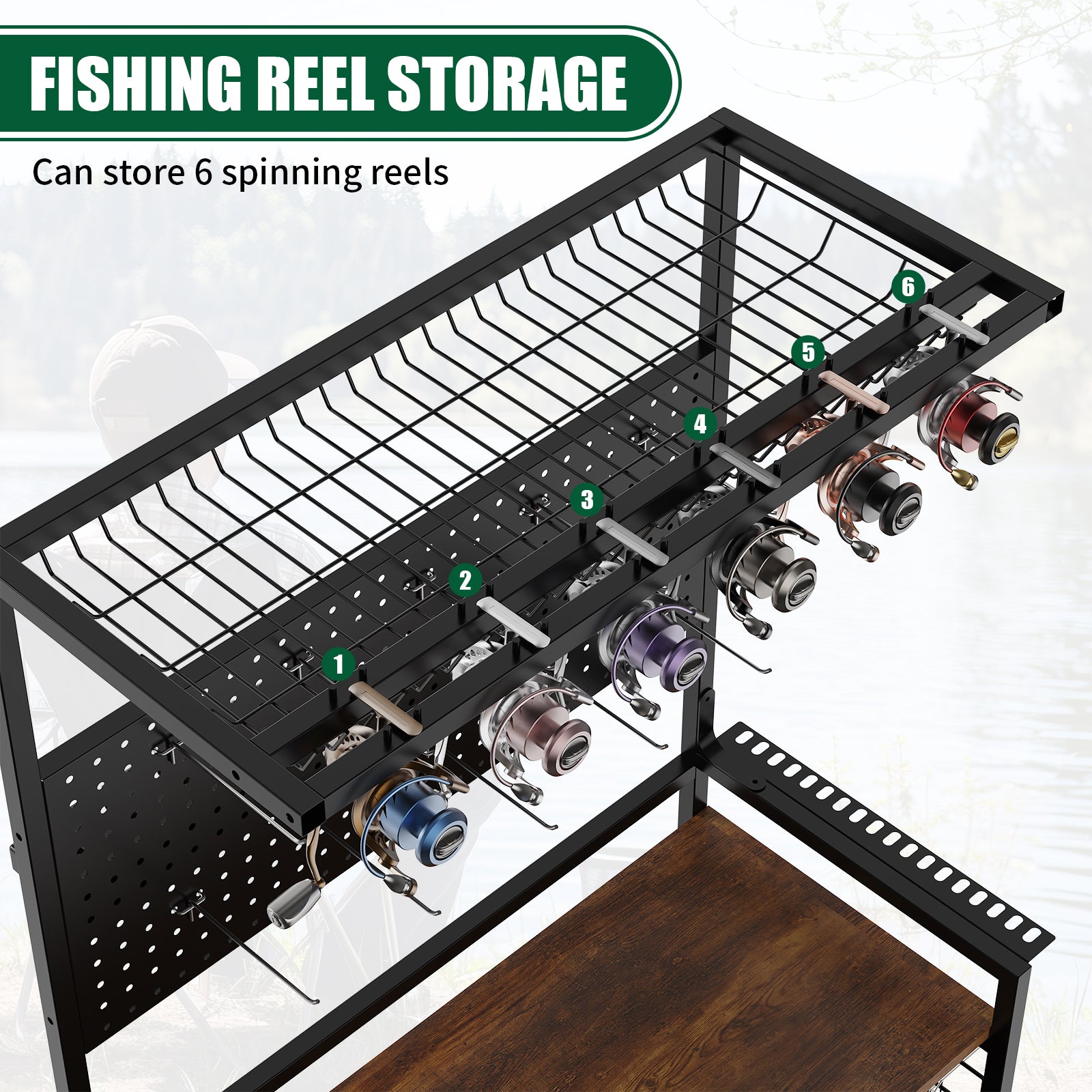 Fishing Rod Storage Rack with Pegboard, Rolling Tackle Organizer Cart, Multi-Tier Fishing Gear Stand for Rods, Reels, Tackle Boxes & Bags, Heavy Duty Metal Holders with Lockable Wheels image 9