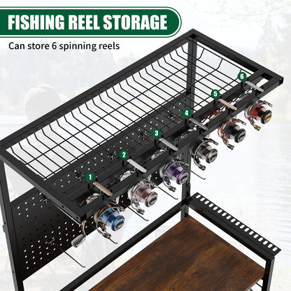 Fishing Rod Storage Rack with Pegboard, Rolling Tackle Organizer Cart, Multi-Tier Fishing Gear Stand for Rods, Reels, Tackle Boxes & Bags, Heavy Duty Metal Holders with Lockable Wheels image 9
