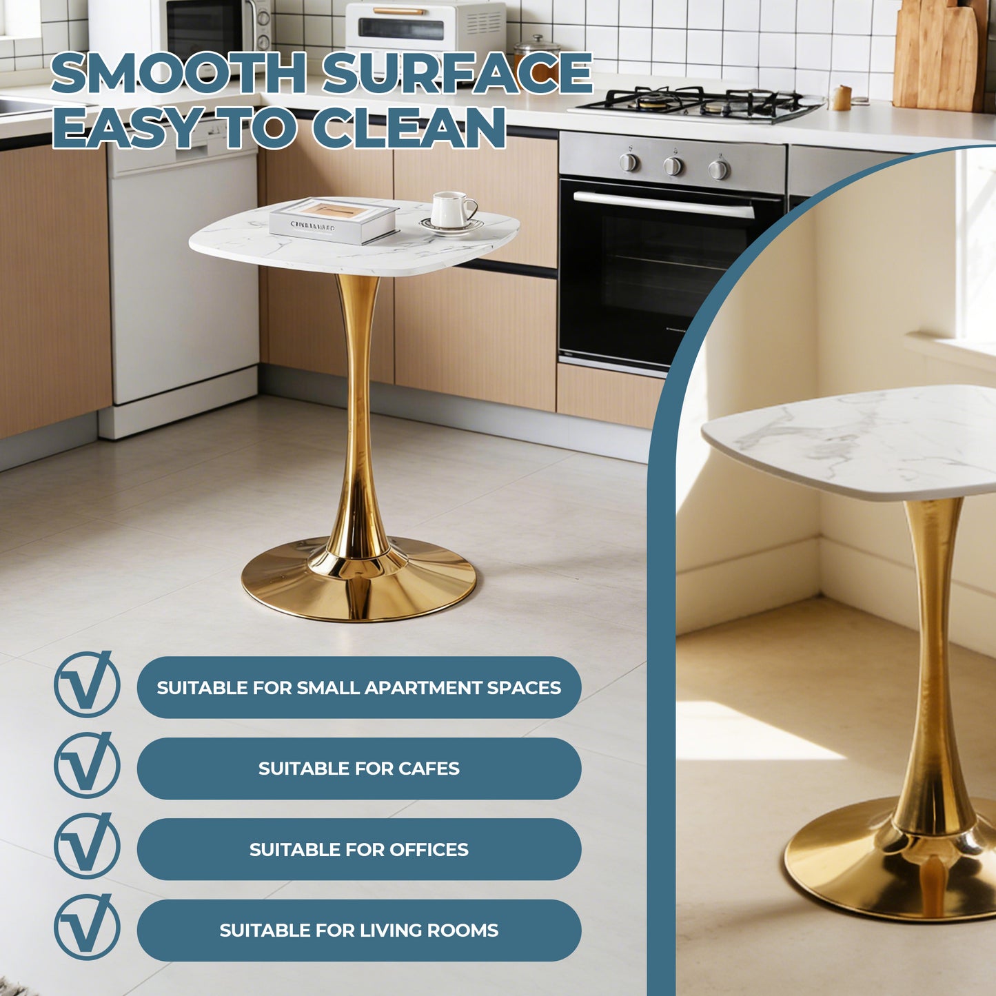 Square Tulip Dining Table for 2-4 Persons, 24 Inch Small Kitchen Table with Sturdy Golden Metal Pedestal Base, Modern Bistro Table for Small Space, Apartment, Cafe, Office, Living Room (White & Gold) image 5