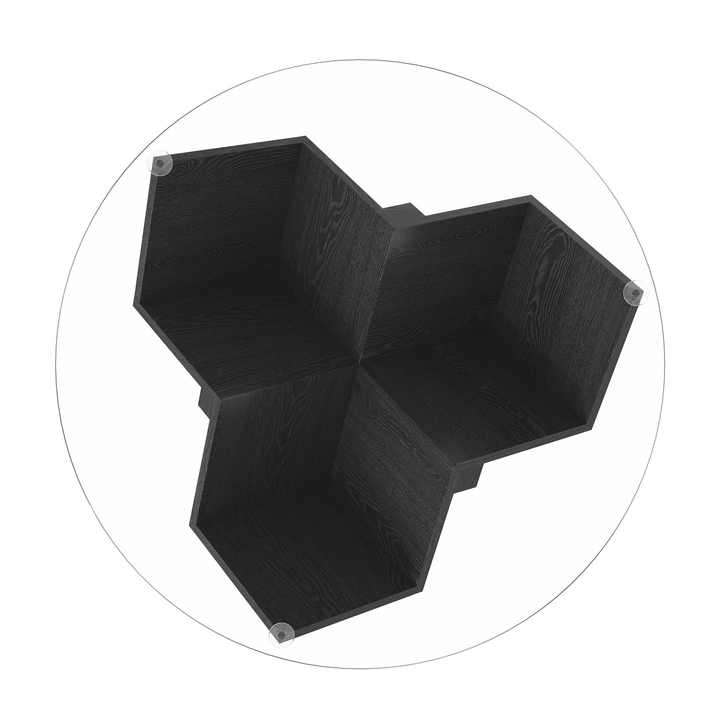 The Round Coffee Table with Glass Top and Geometric Abstract Art Deco Base Storage Shelves, Black, 35.4" image 11
