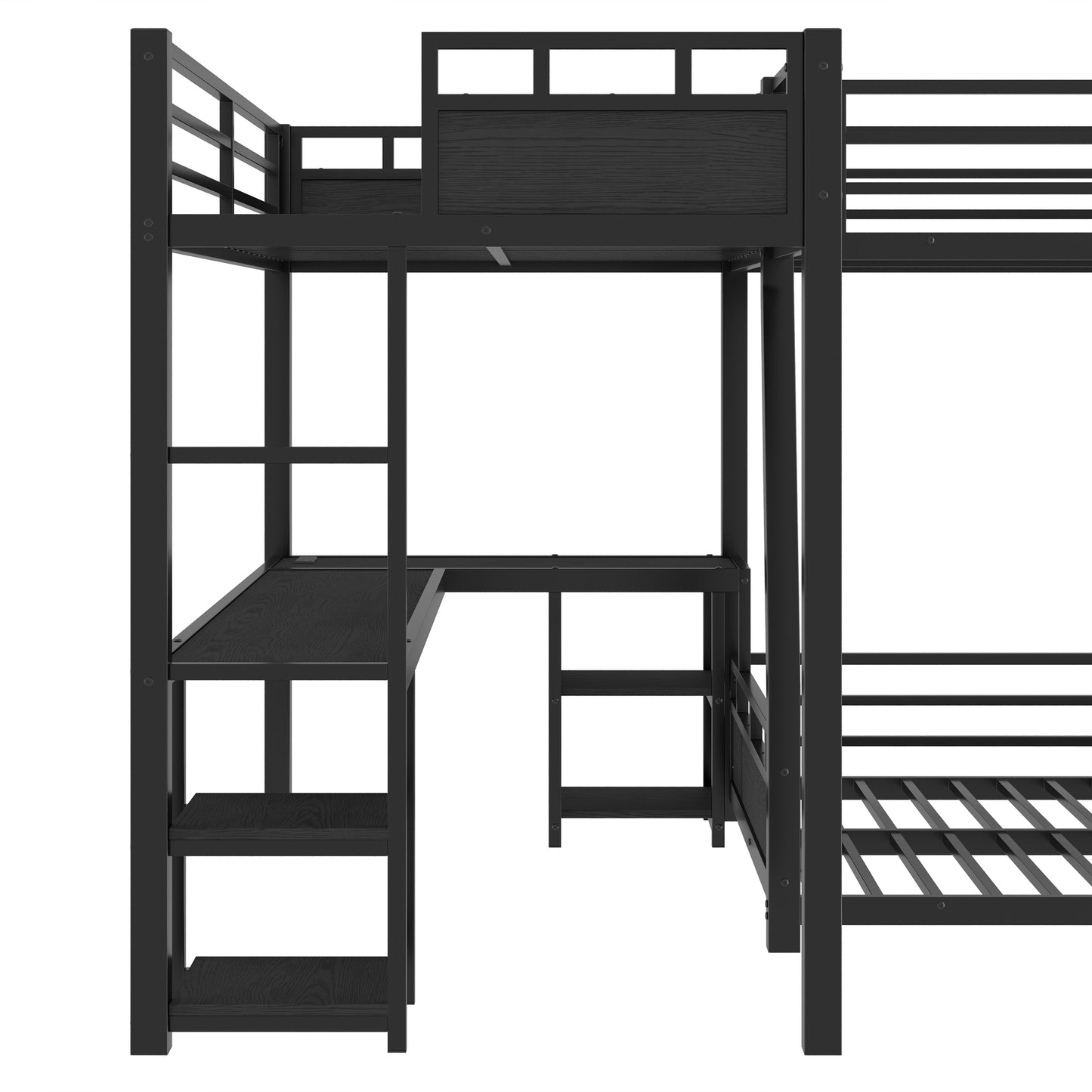 L-Shaped Metal Bunk Bed (Top bed:Full/FullXL, bottom bed: Queen) with Twin XL Loft Bed, Desk, and Storage Shelves,USB Charging Port Included - Metal Triple Bunk Bed with Slide,Black image 6