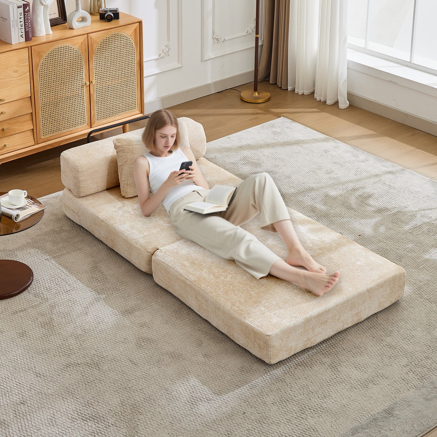 Compression Sofa,Convertible Floor Sofa Bed with Fixed-Shape Frame,Single Seater Boneless Modular Sectional Sofa,No Assembly Required,Chenille fabric,for Living Room Bedroom,Beige image 8