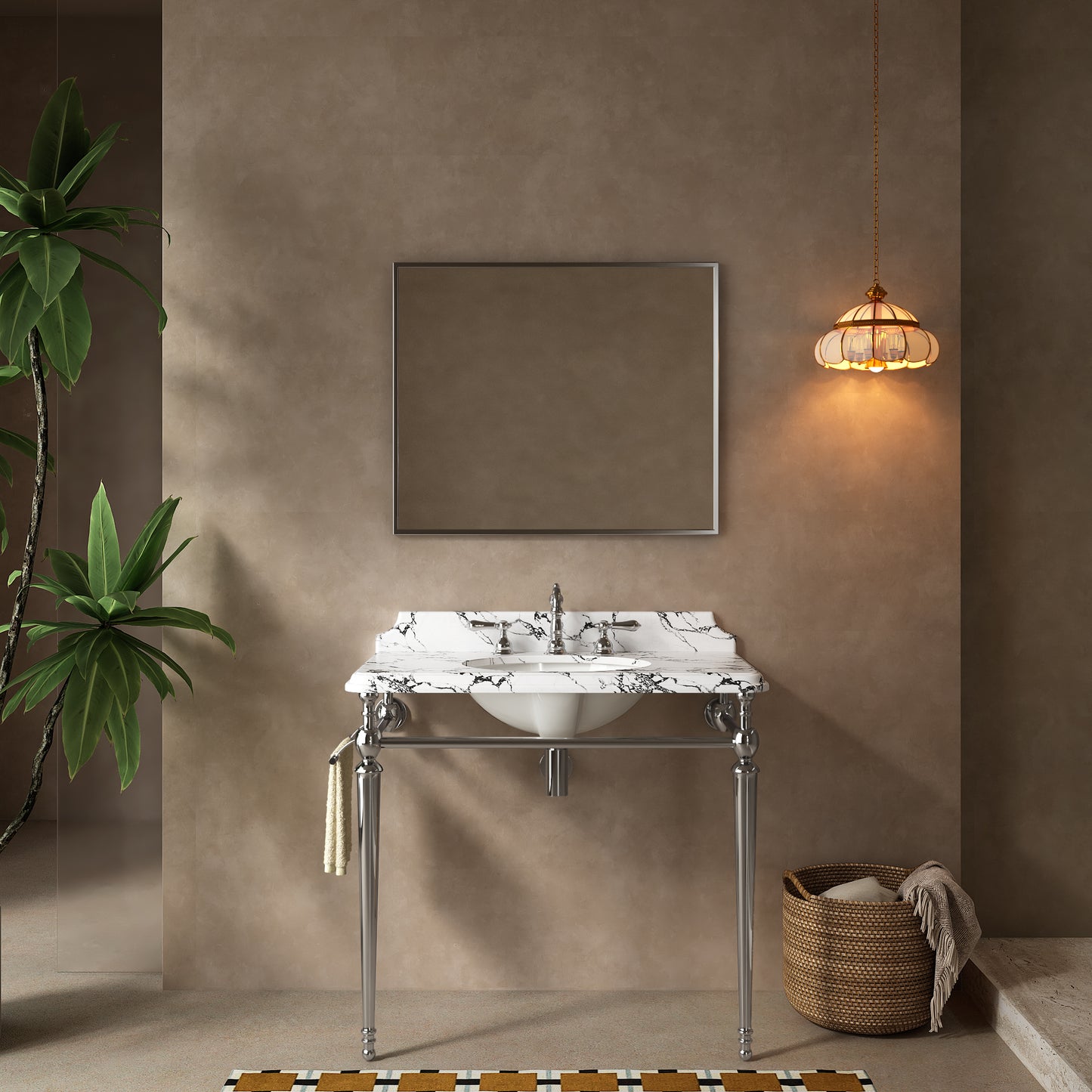 VICI 36" Bathroom Console Sink, Undermount Ceramic Vanity Basin&Panda White Artificial Marble Top with 3 Pre-drilled Faucet Holes, Freestanding Stainless Steel Support Legs with Towel Bar,Chrome Color image 1