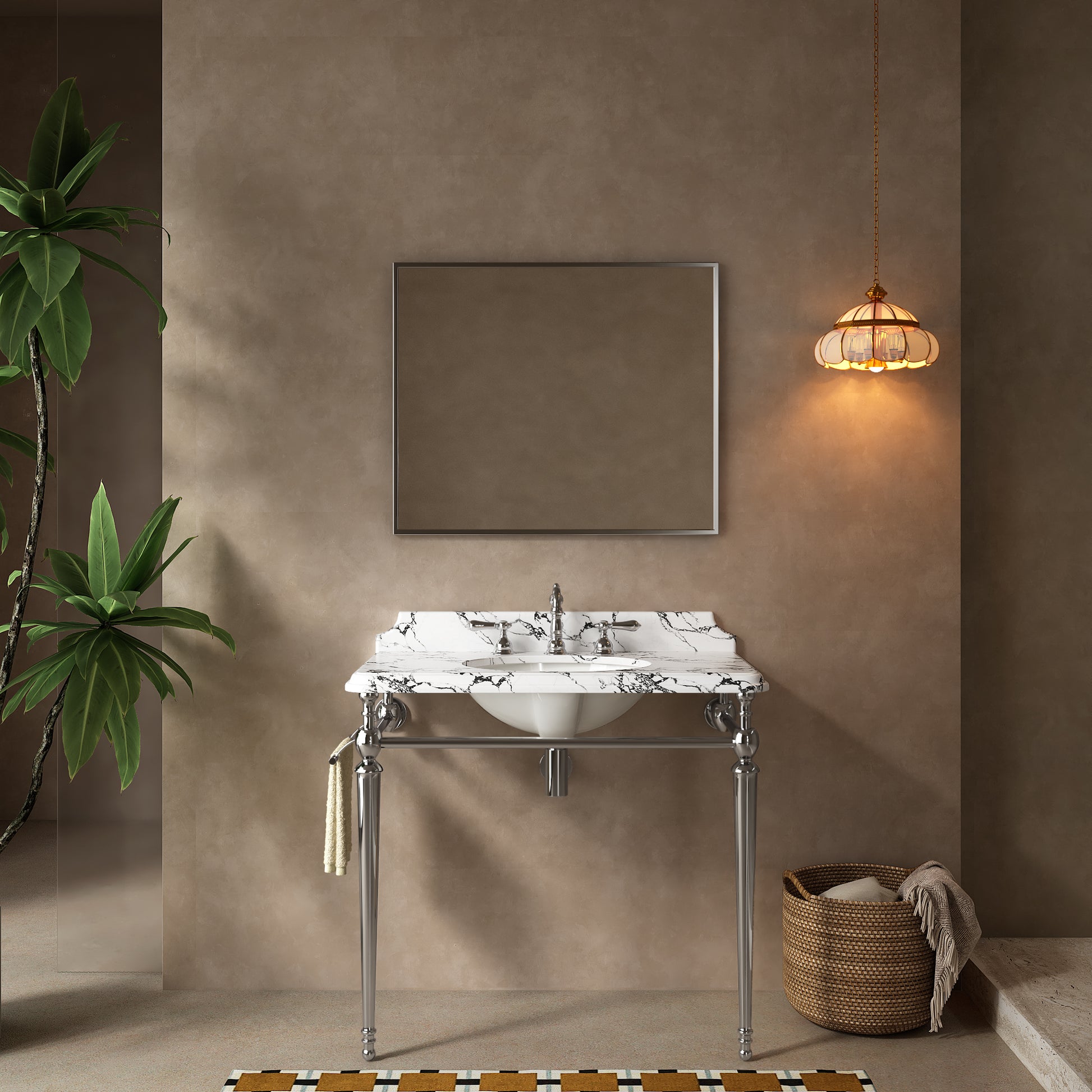 VICI 36" Bathroom Console Sink, Undermount Ceramic Vanity Basin&Panda White Artificial Marble Top with 3 Pre-drilled Faucet Holes, Freestanding Stainless Steel Support Legs with Towel Bar,Chrome Color image 1