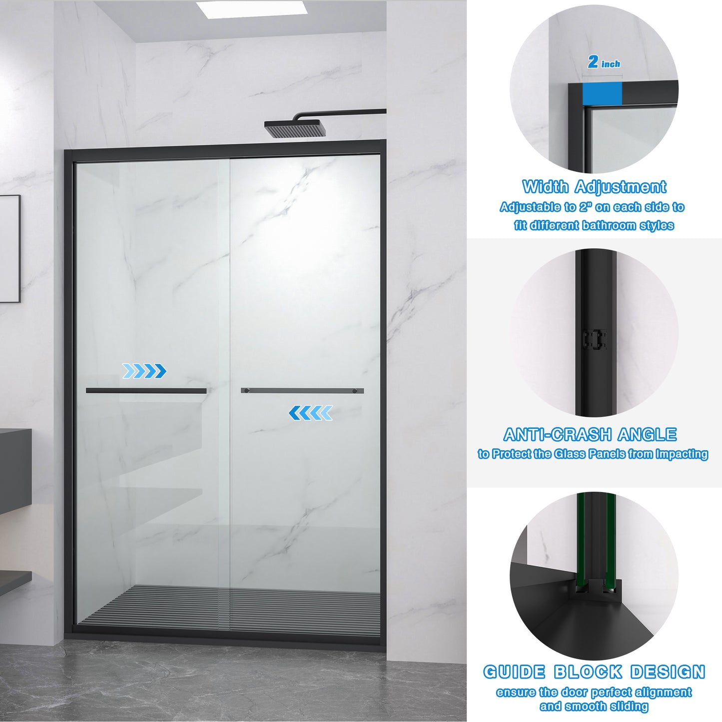 44-48"x72" Aluminum Frame Double Sliding Shower Door,Bypass Bathroom Sliding Door with Premium 5/16" (8mm) Clear Tempered Glass, Black Hardware Sliding Glass Shower Enclosure,Matte Black Finished image 6