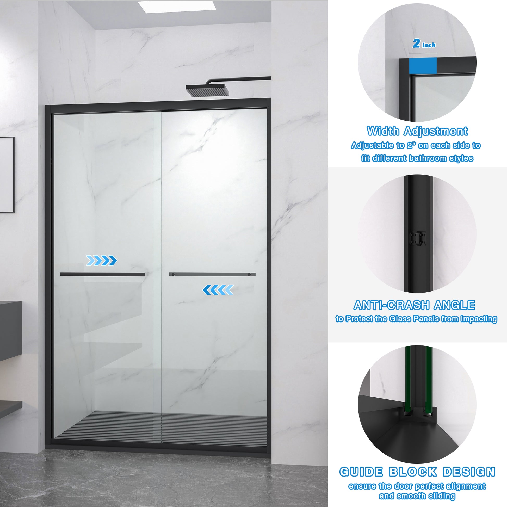 44-48"x72" Aluminum Frame Double Sliding Shower Door,Bypass Bathroom Sliding Door with Premium 5/16" (8mm) Clear Tempered Glass, Black Hardware Sliding Glass Shower Enclosure,Matte Black Finished image 6