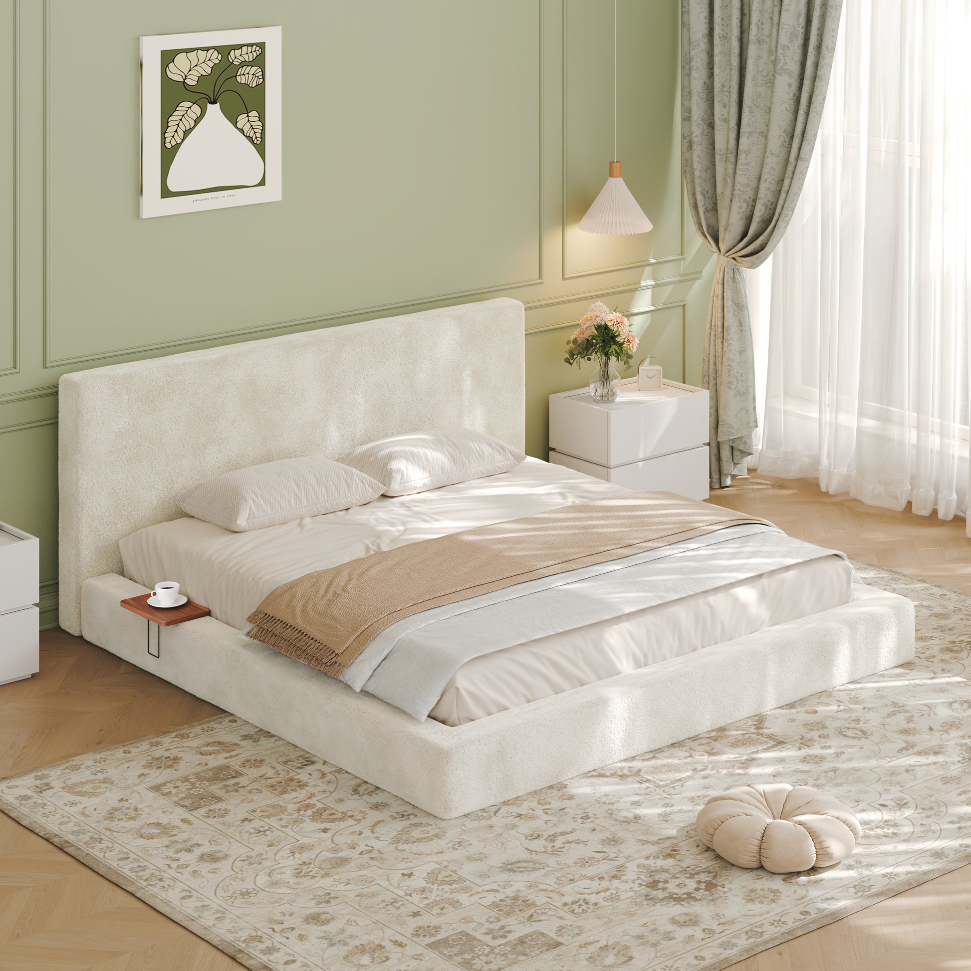 AirFrame King Bed Frame with adjustable Sliding Side Table, 8.7'' Cloud Upholstered Sponge Cushion, Easy Assembly (Off-White). image 2