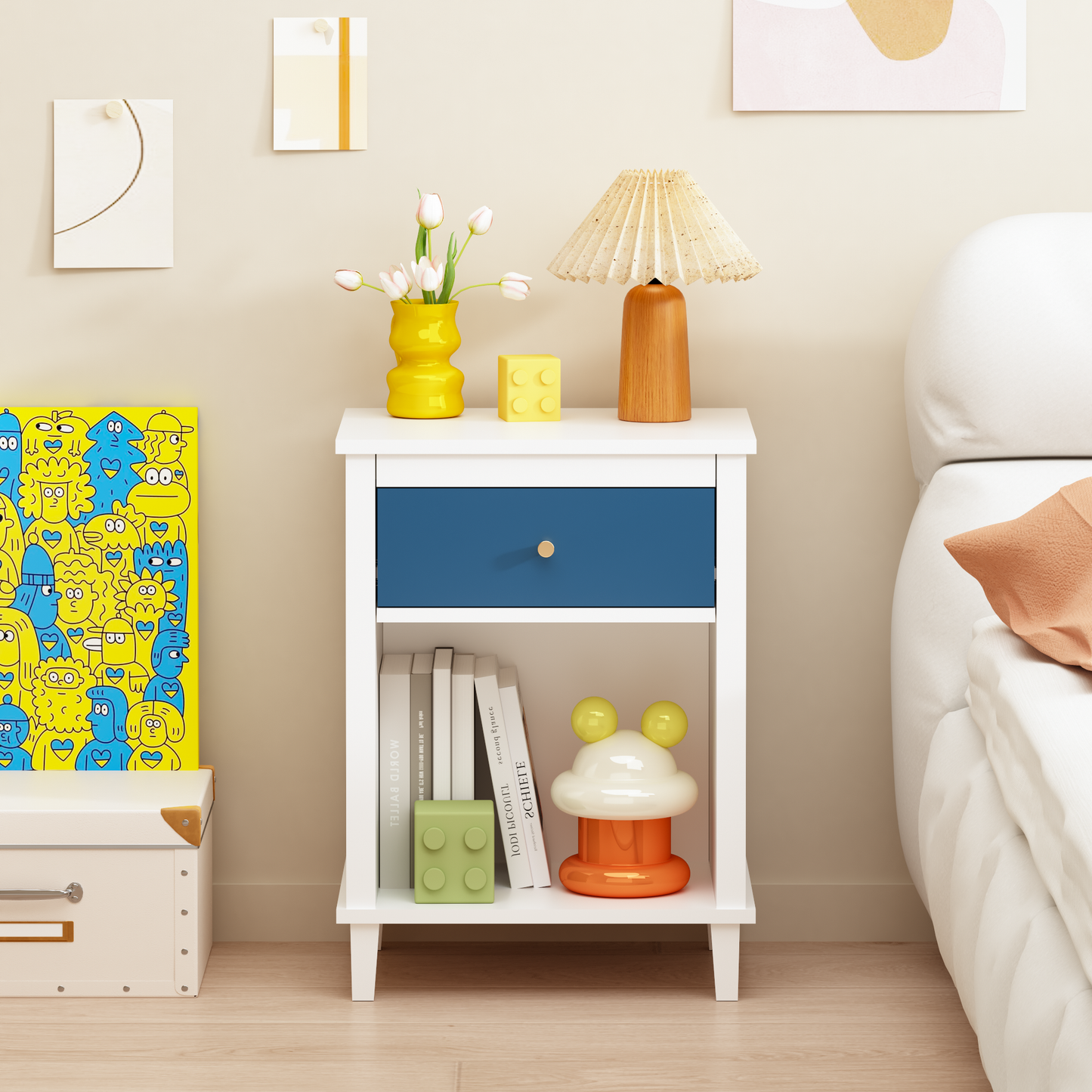 26.77''H Wooden Nightstand with One Drawer One Shelf for Kids, Adults, Navy+Golden handle image 10