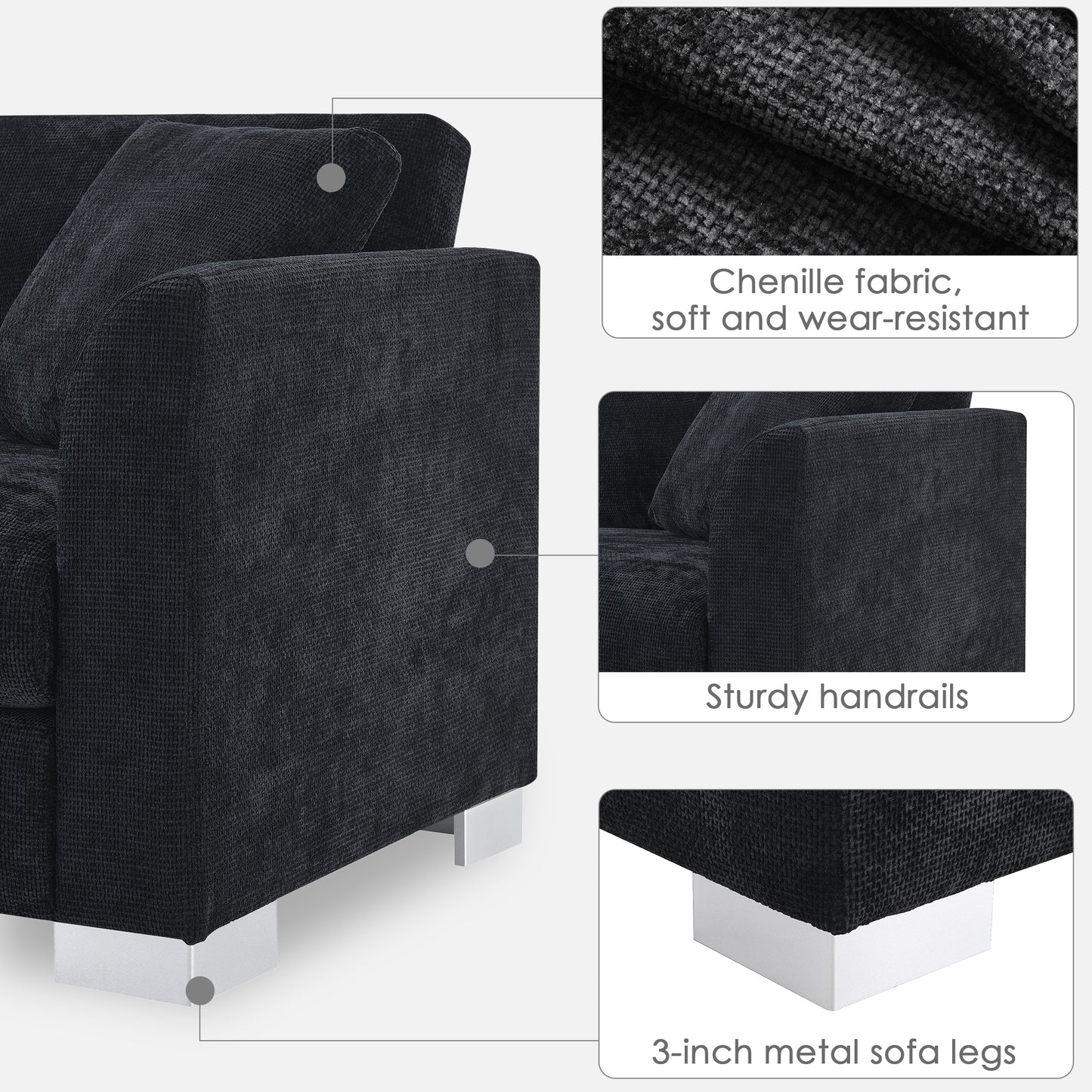 [NEW SKU of N723S6037B]96" Modern Cloud Sectional Sofa, L-shaped Luxury Couch Set with 2 Free pillows, 4-seat Chenille Indoor Furniture with Oversized Chaise for Living Room, Apartment, Office image 10