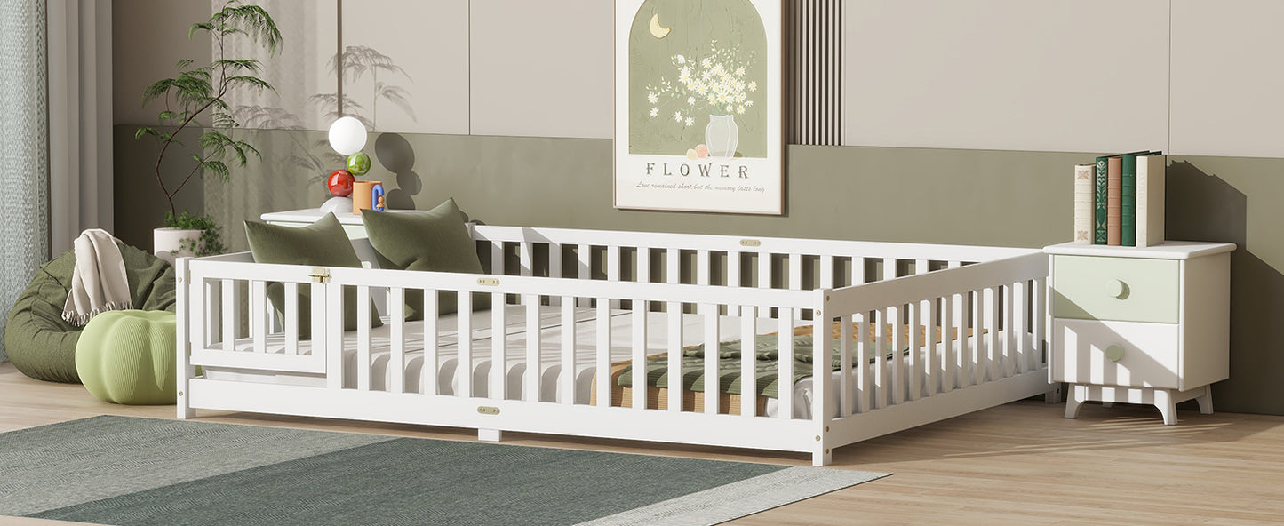 Queen Size Floor Bed with Fence,Door,Rubber Wood Floor Bed with Safety Guardrails,White image 7