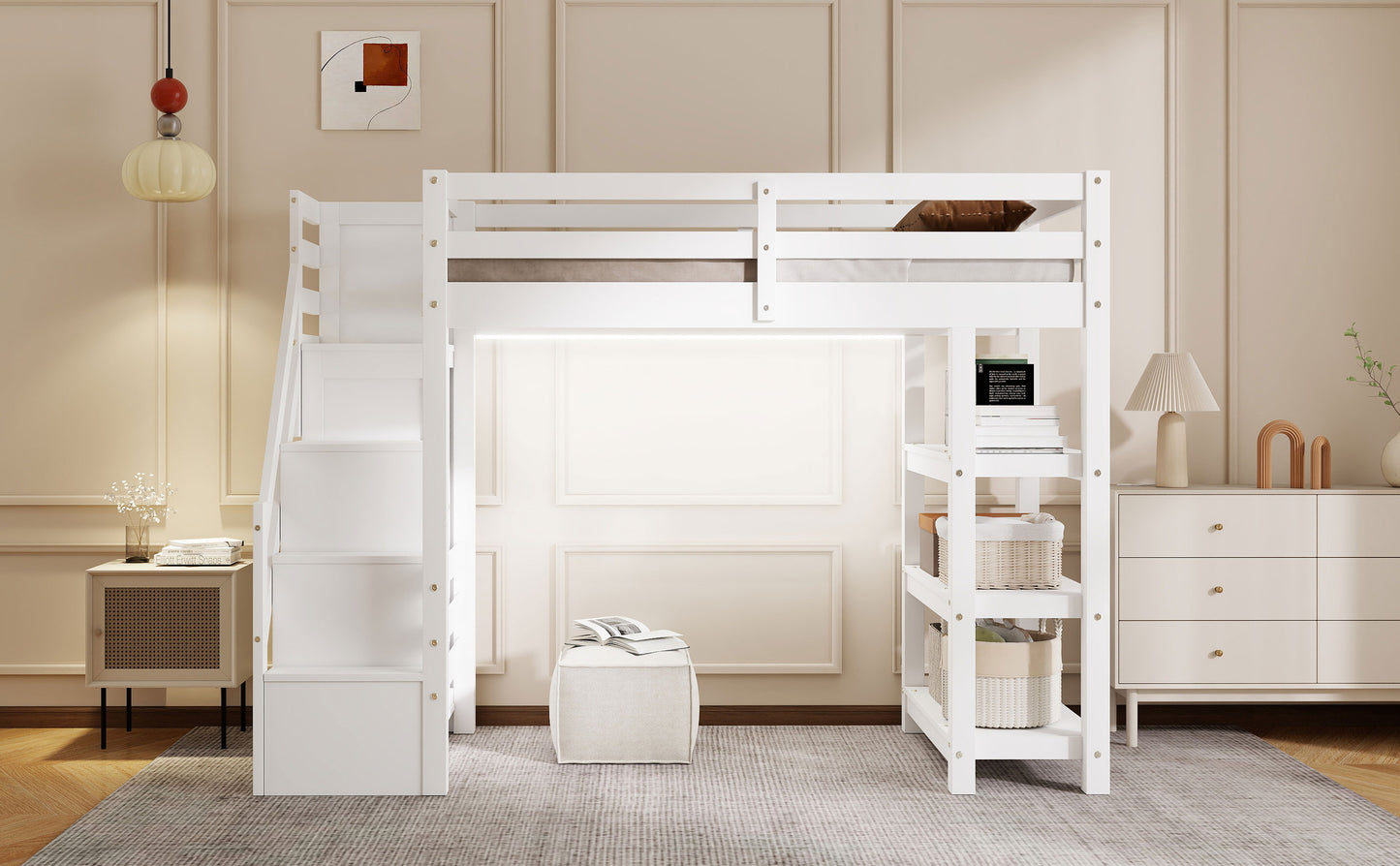 Twin Size Loft Bed with Shelves, Storage Staircase, Small Wardrobe and White LED Light, White image 6