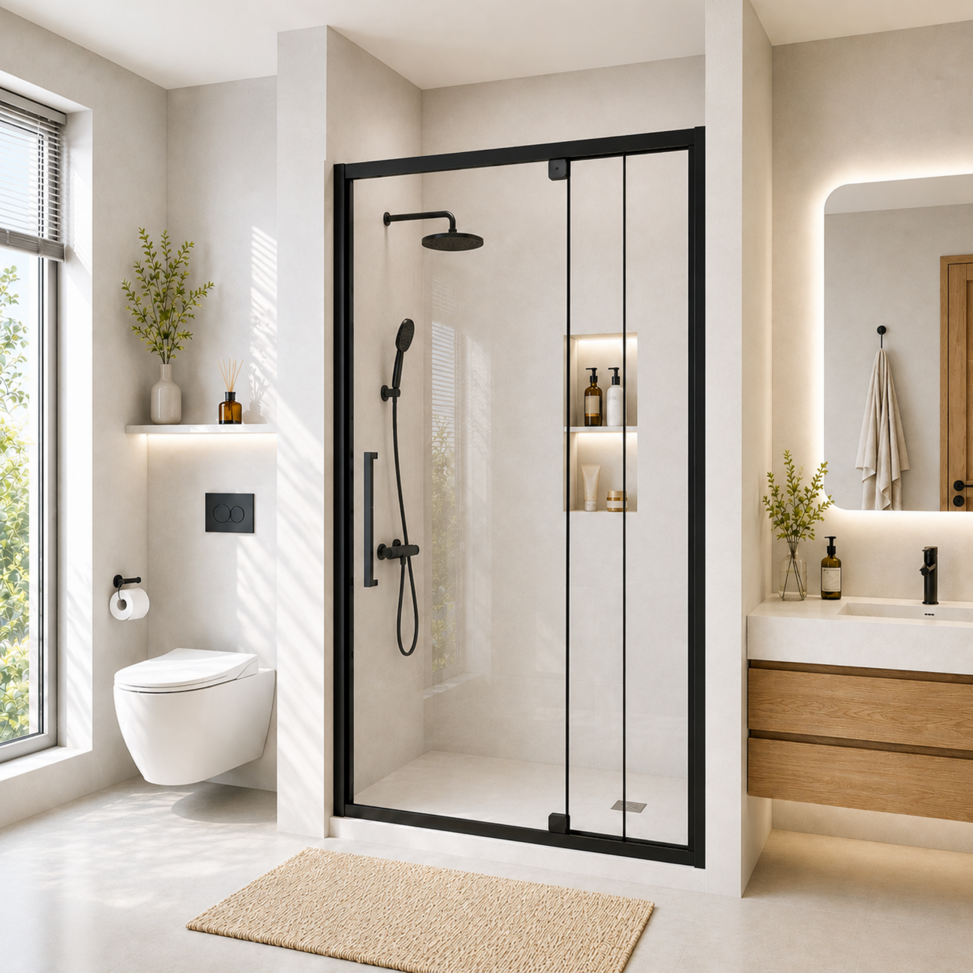 Semi-Frameless Pivot Hinged Glass Shower Door 44-48 in. W x 72 in. H,1/4" (6mm) Tempered Glass, Matte Black Finish, Reversible Glass Shower Door image 1