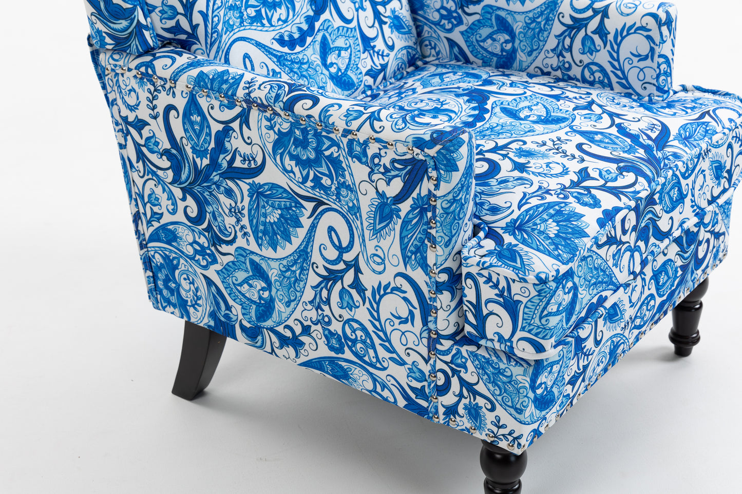 Upholstered Accent Chair, Vintage Armchair with Blue and white porcelain print Linen Fabric and Nailhead Trim for Living Room image 10