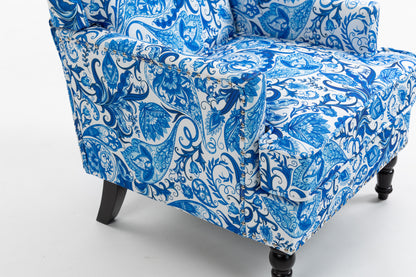 Upholstered Accent Chair, Vintage Armchair with Blue and white porcelain print Linen Fabric and Nailhead Trim for Living Room image 10