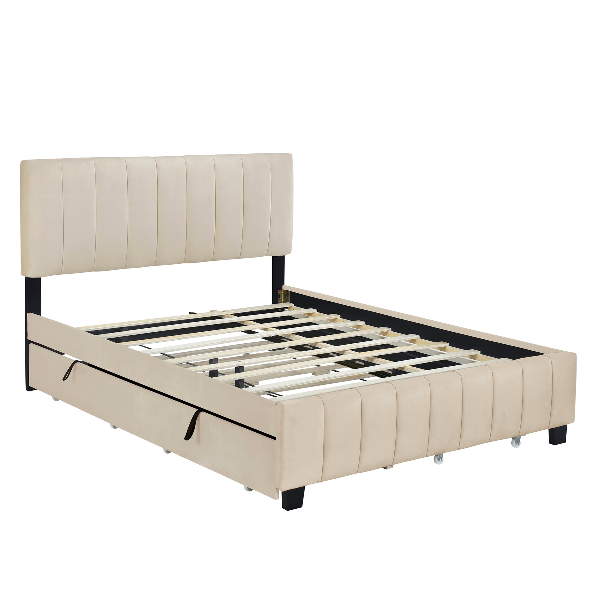 Queen Size Velvet Upholstered Platform Bed with 2 Drawers and 1 Twin XL Trundle- Beige image 5